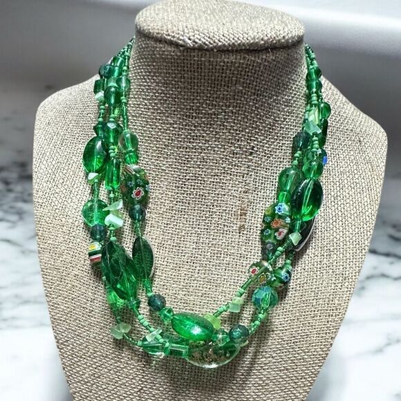 Handmade Triple Strand Glass Beaded Green Necklace with millefiori Beads 16” - Picture 2 of 5